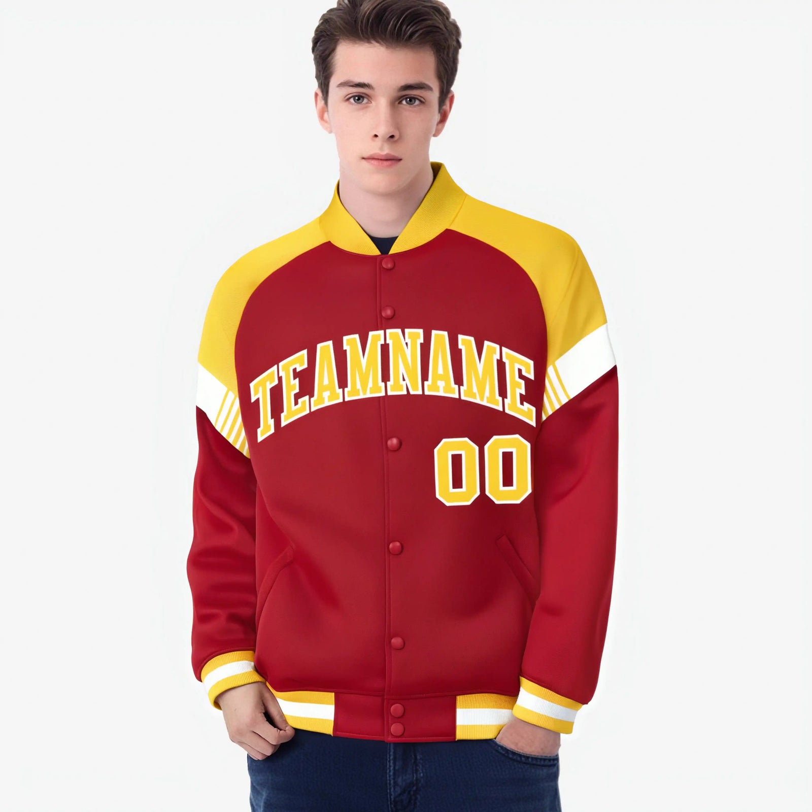 Custom Red Gold-White Varsity Full-Snap Color Block Letterman Jacket