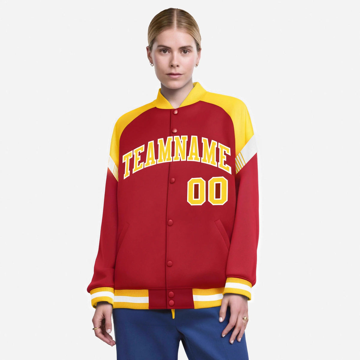 Custom Red Gold-White Varsity Full-Snap Color Block Letterman Jacket