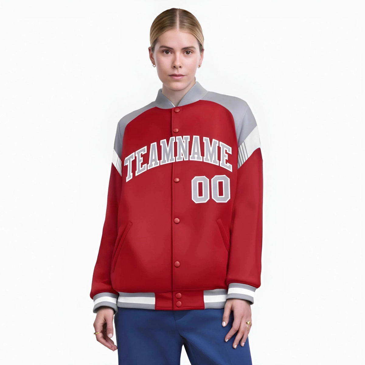 Custom Red Gray-White Varsity Full-Snap Color Block Letterman Jacket