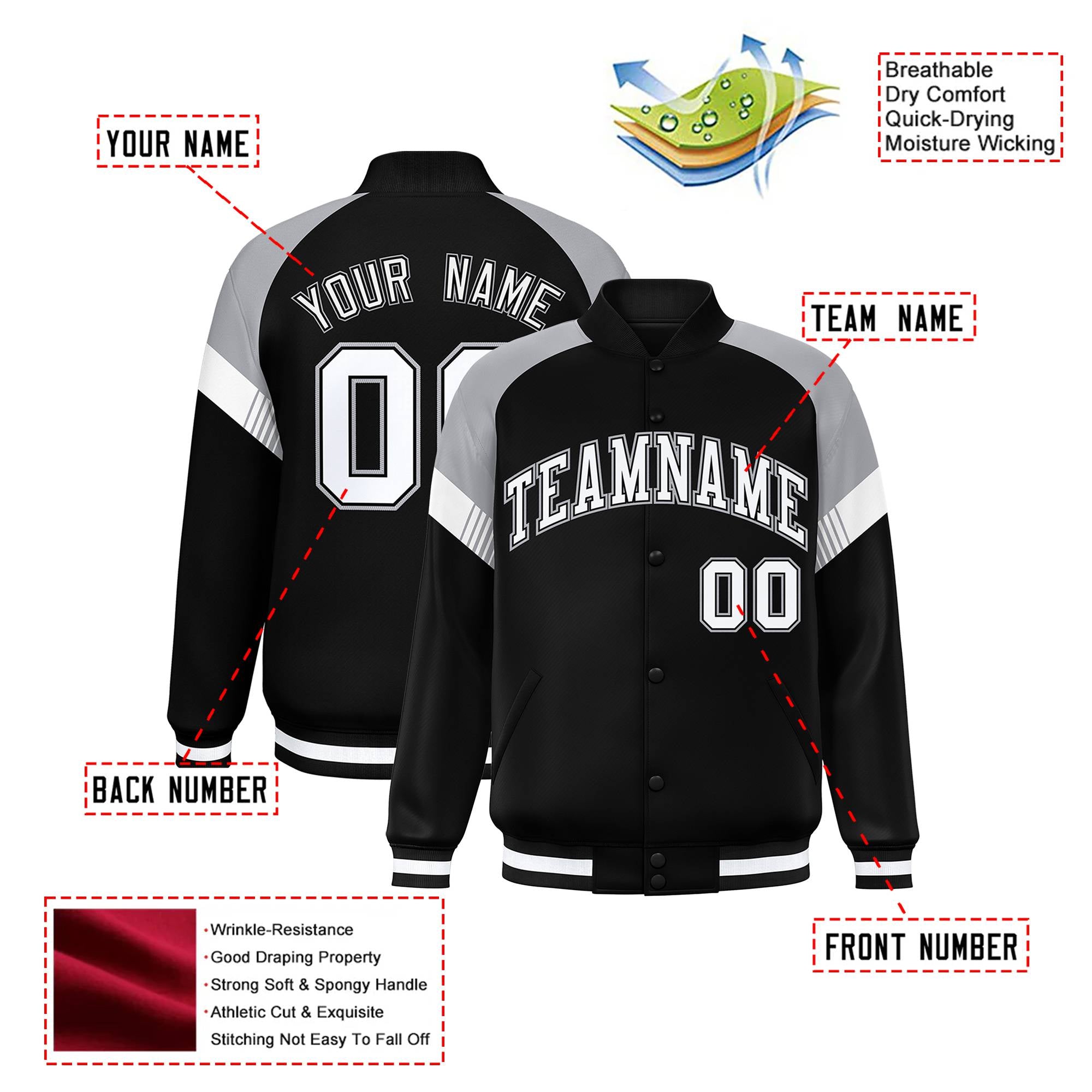 Custom Black Gray-White Varsity Full-Snap Color Block Letterman Jacket