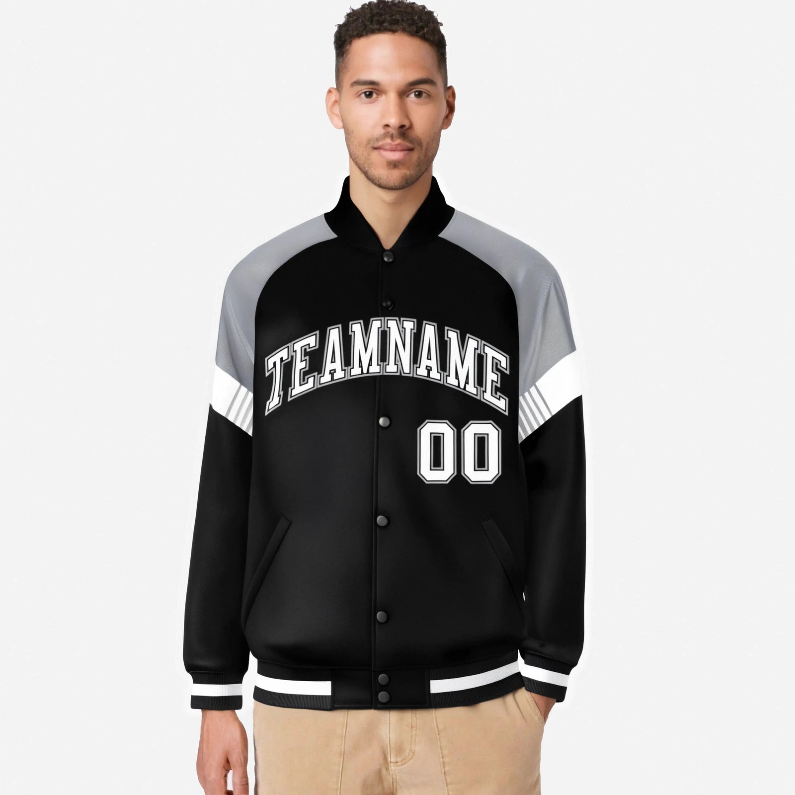 Custom Black Gray-White Varsity Full-Snap Color Block Letterman Jacket