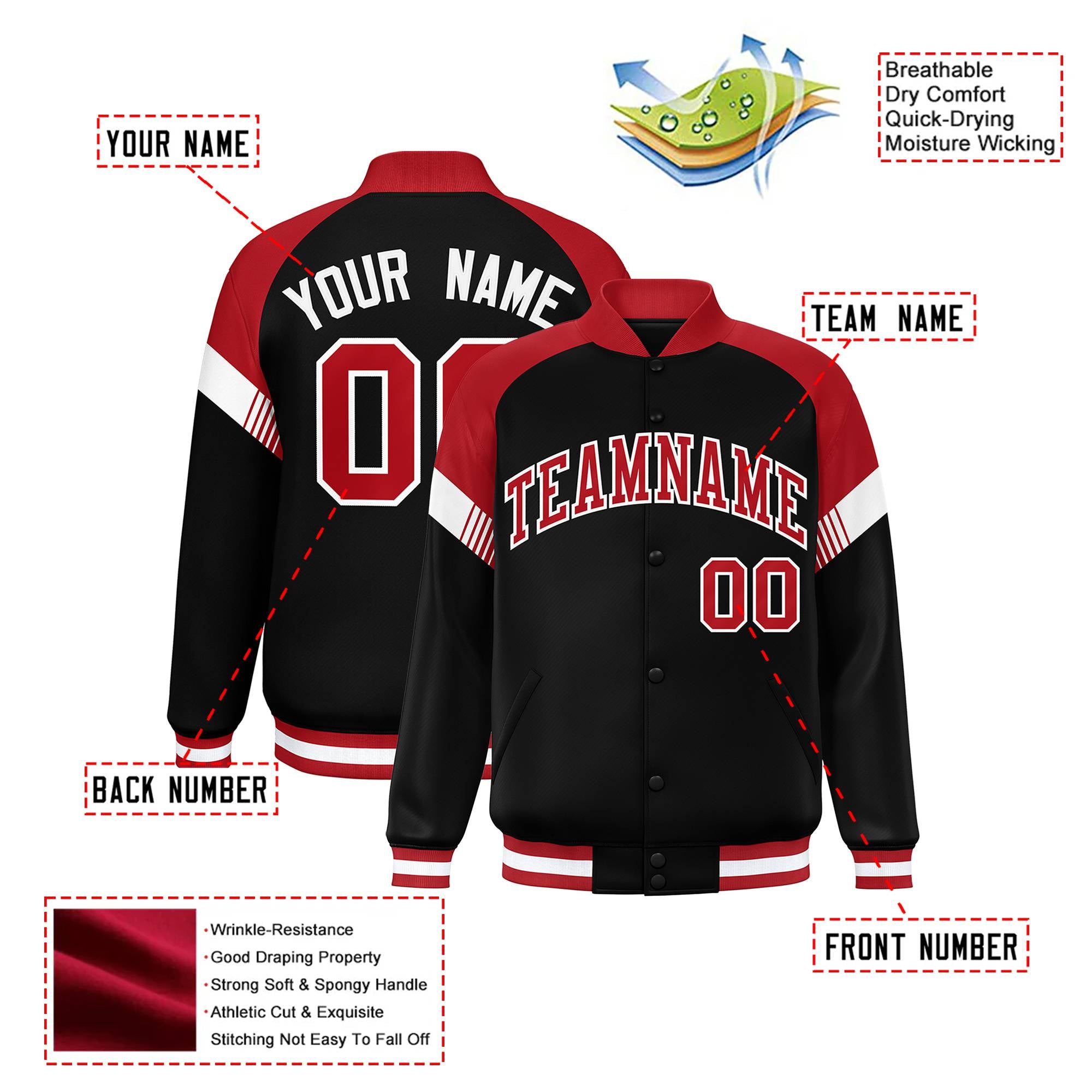 Custom Black Red-White Varsity Full-Snap Color Block Letterman Jacket