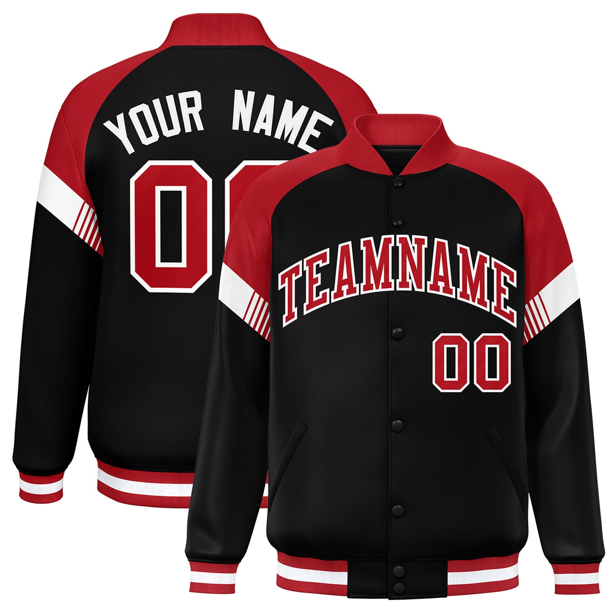 Custom Black Red-White Varsity Full-Snap Color Block Letterman Jacket