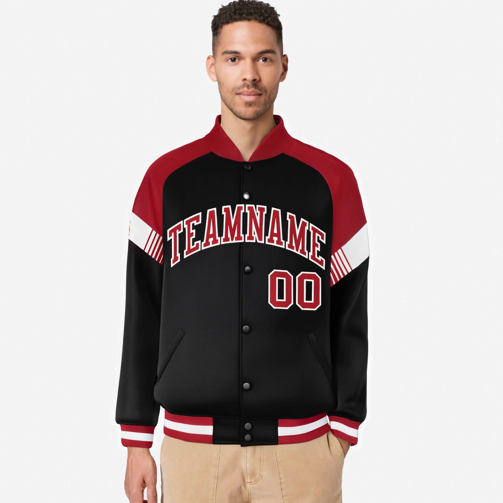 Custom Black Red-White Varsity Full-Snap Color Block Letterman Jacket