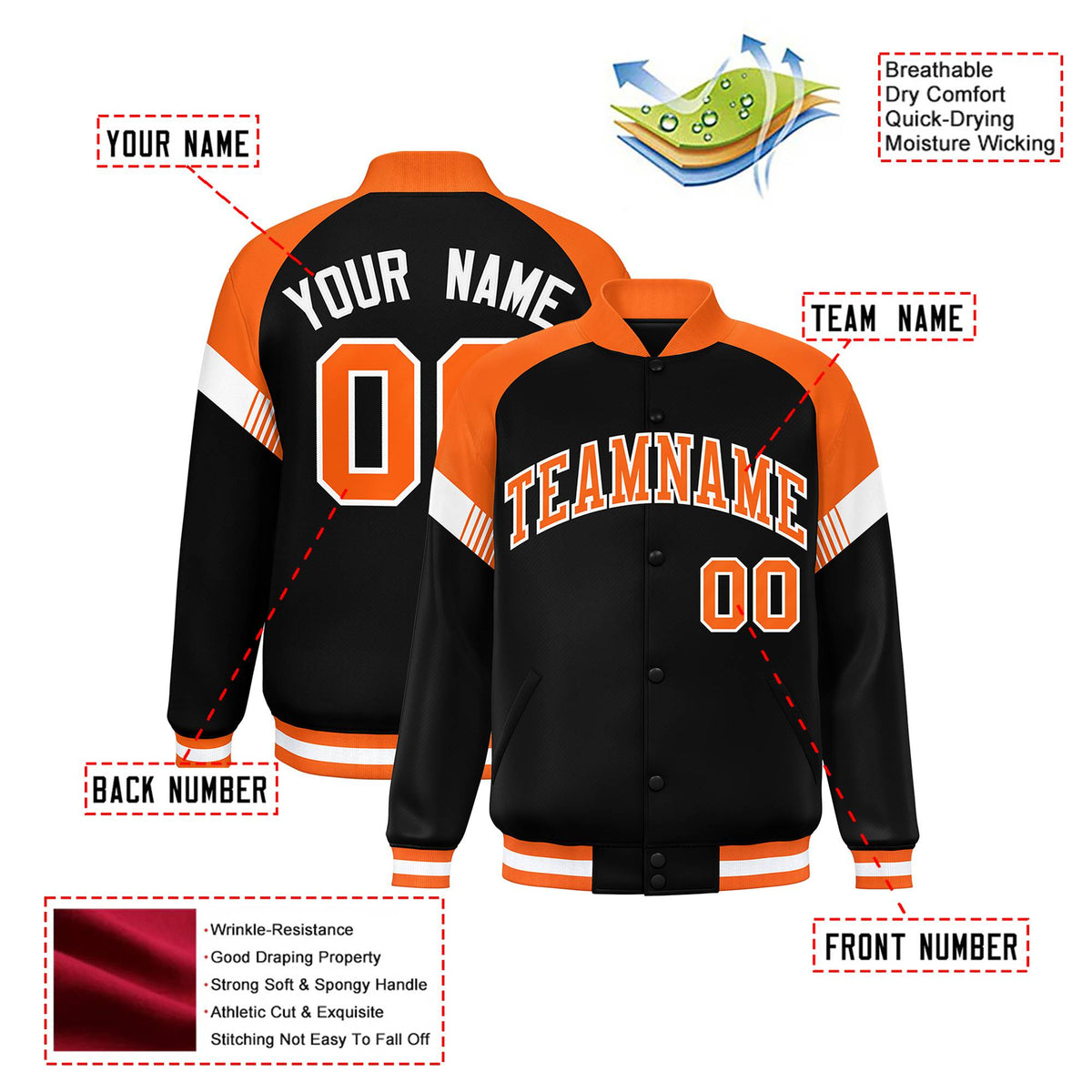 Custom Black Orange-White Varsity Full-Snap Color Block Letterman Jacket
