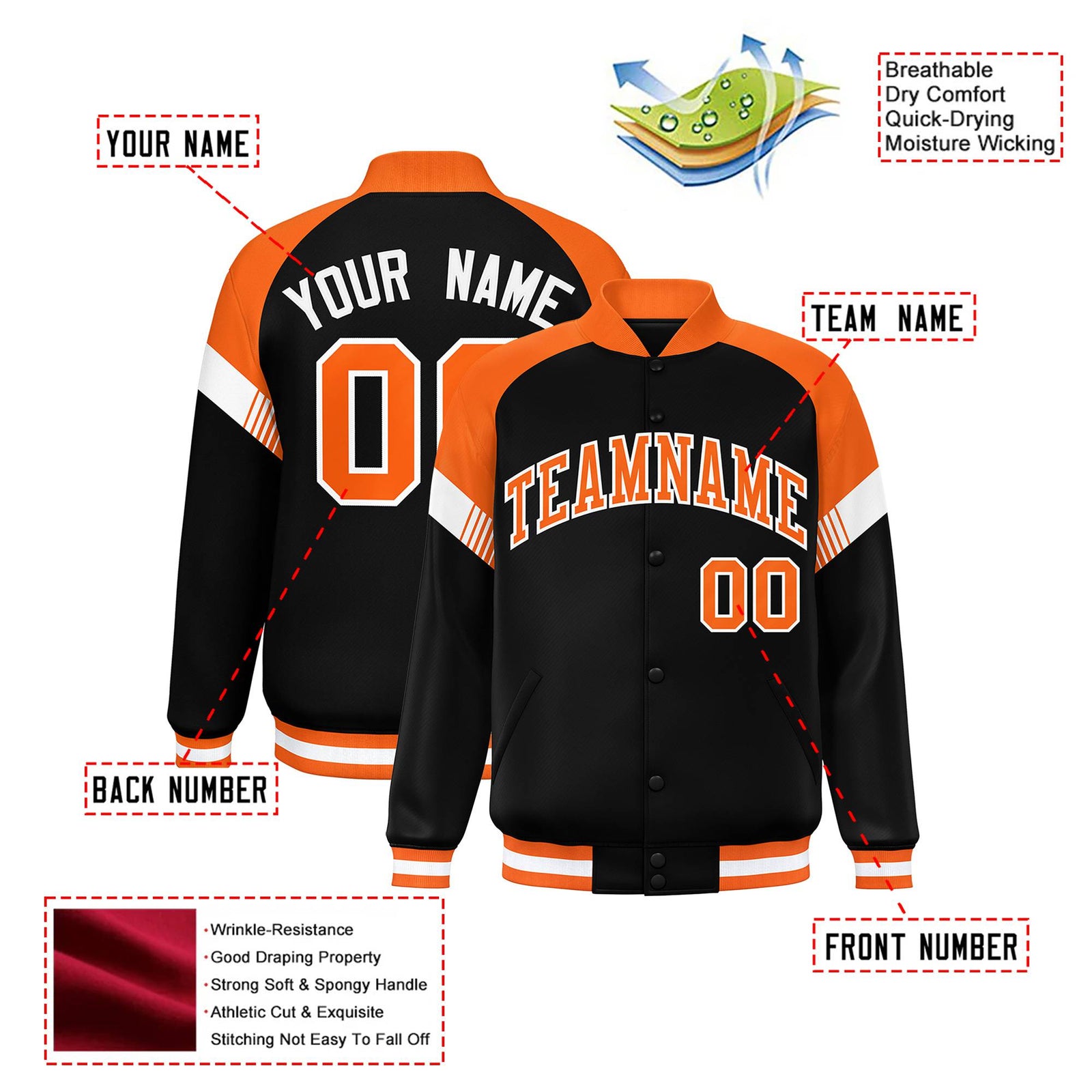 Custom Black Orange-White Varsity Full-Snap Color Block Letterman Jacket