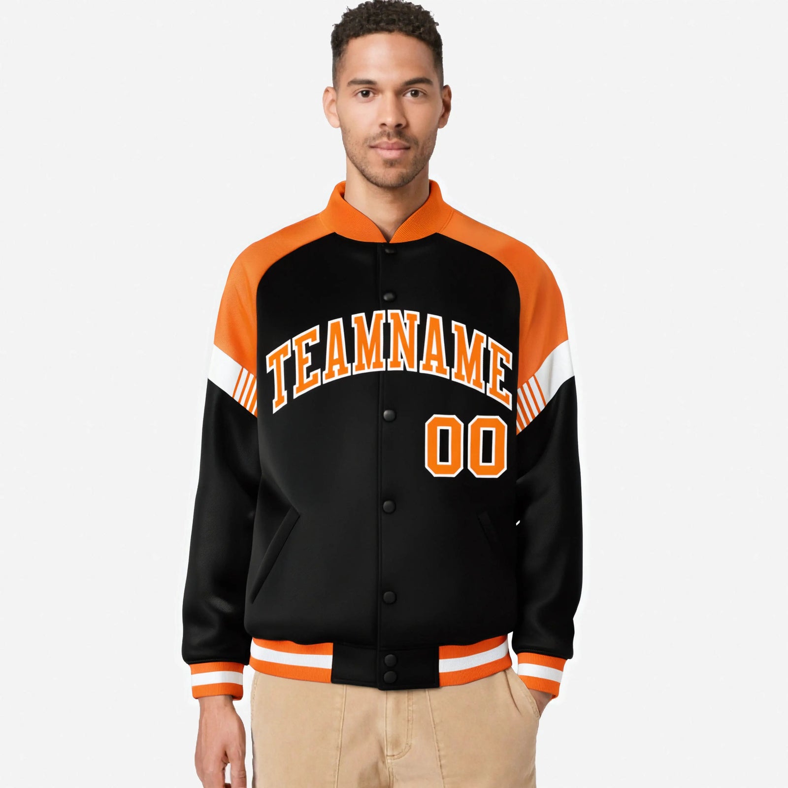 Custom Black Orange-White Varsity Full-Snap Color Block Letterman Jacket