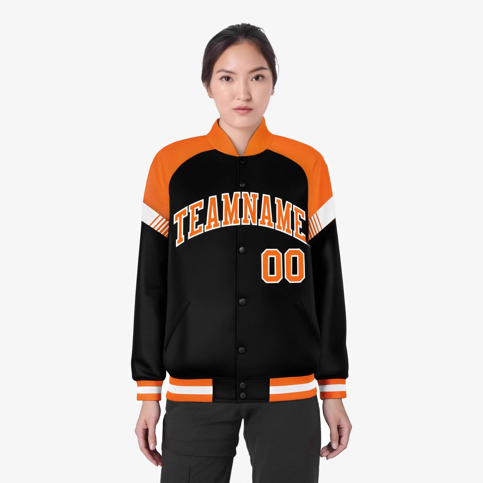 Custom Black Orange-White Varsity Full-Snap Color Block Letterman Jacket