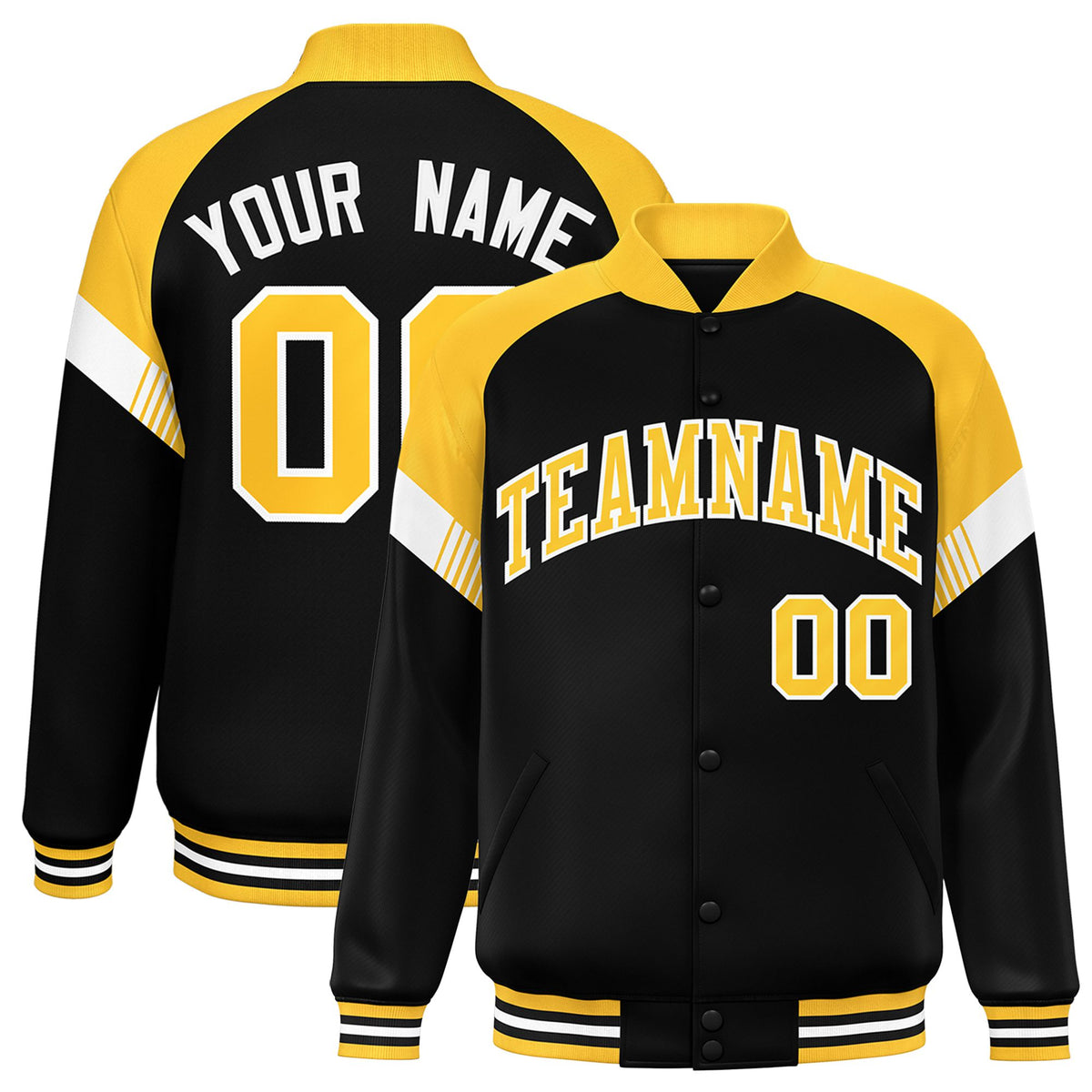 Custom Black Gold-White Varsity Full-Snap Color Block Letterman Jacket