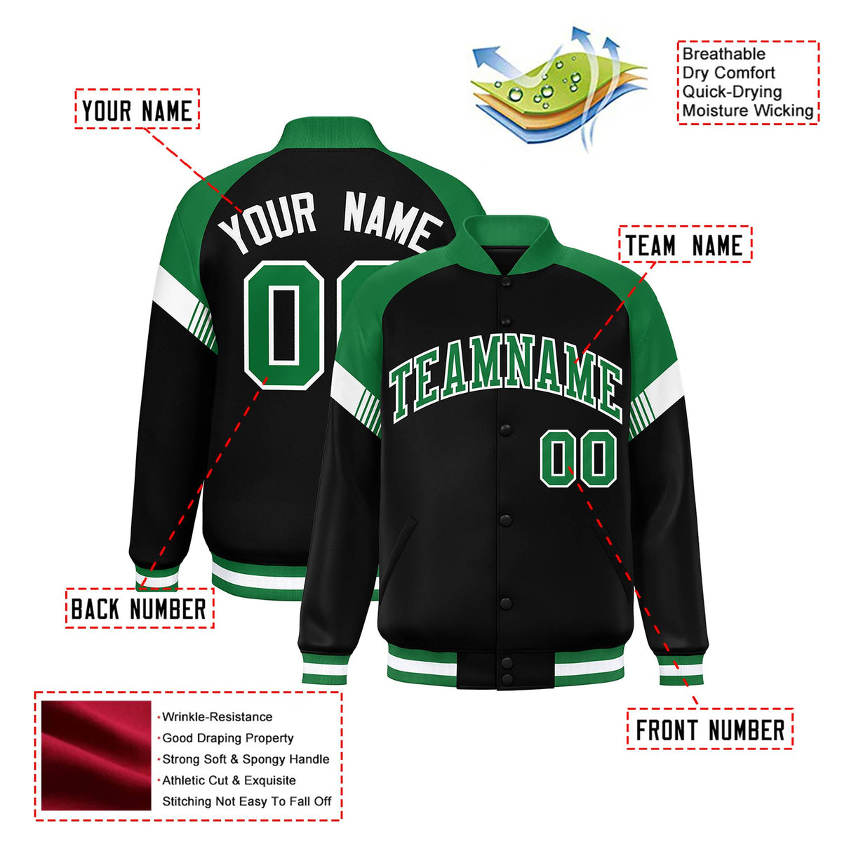 Custom Black Kelly Green-White Varsity Full-Snap Color Block Letterman Jacket