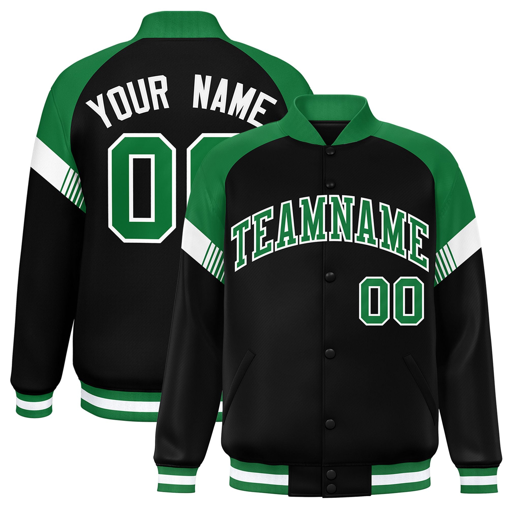 Custom Black Kelly Green-White Varsity Full-Snap Color Block Letterman Jacket