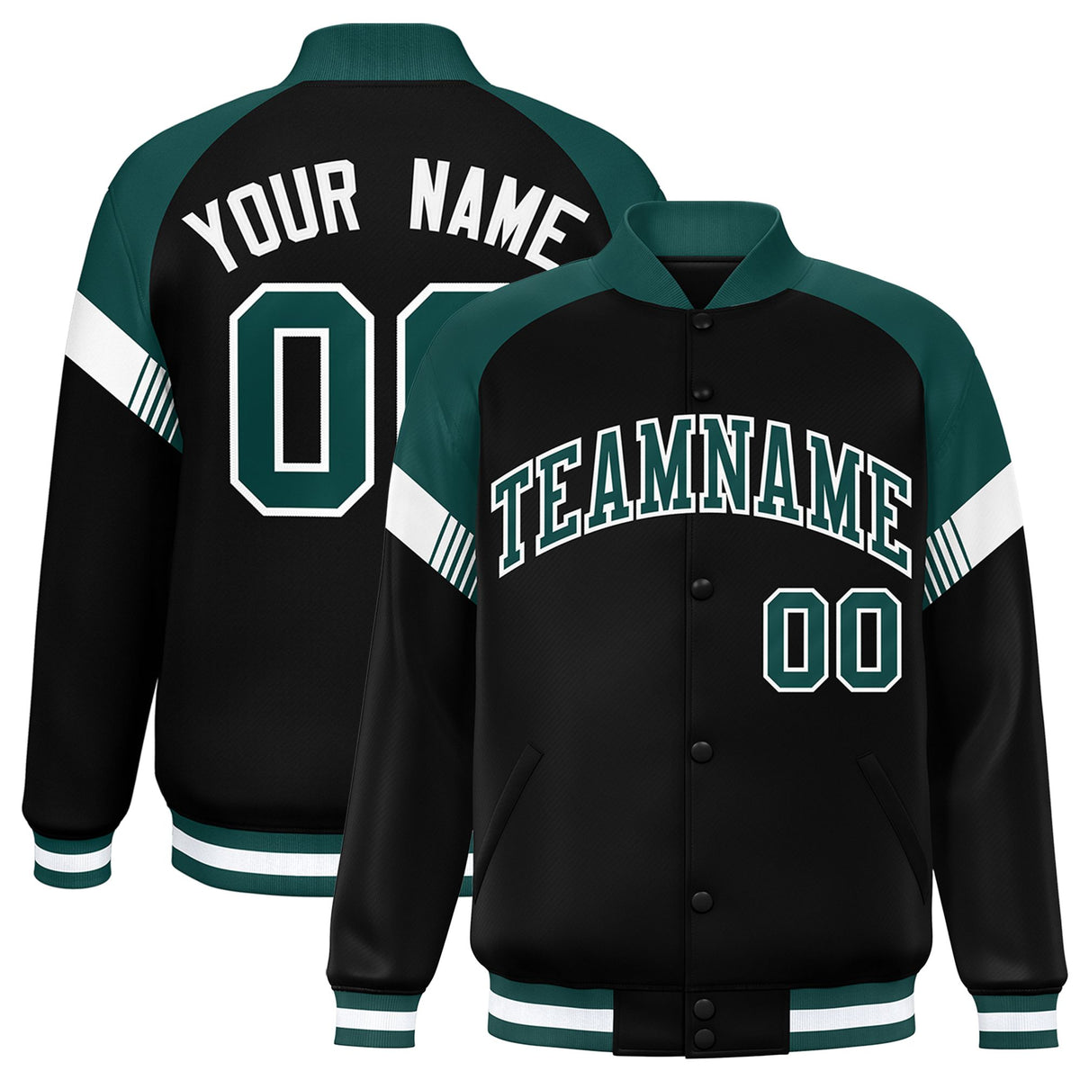 Custom Black Green-White Varsity Full-Snap Color Block Letterman Jacket