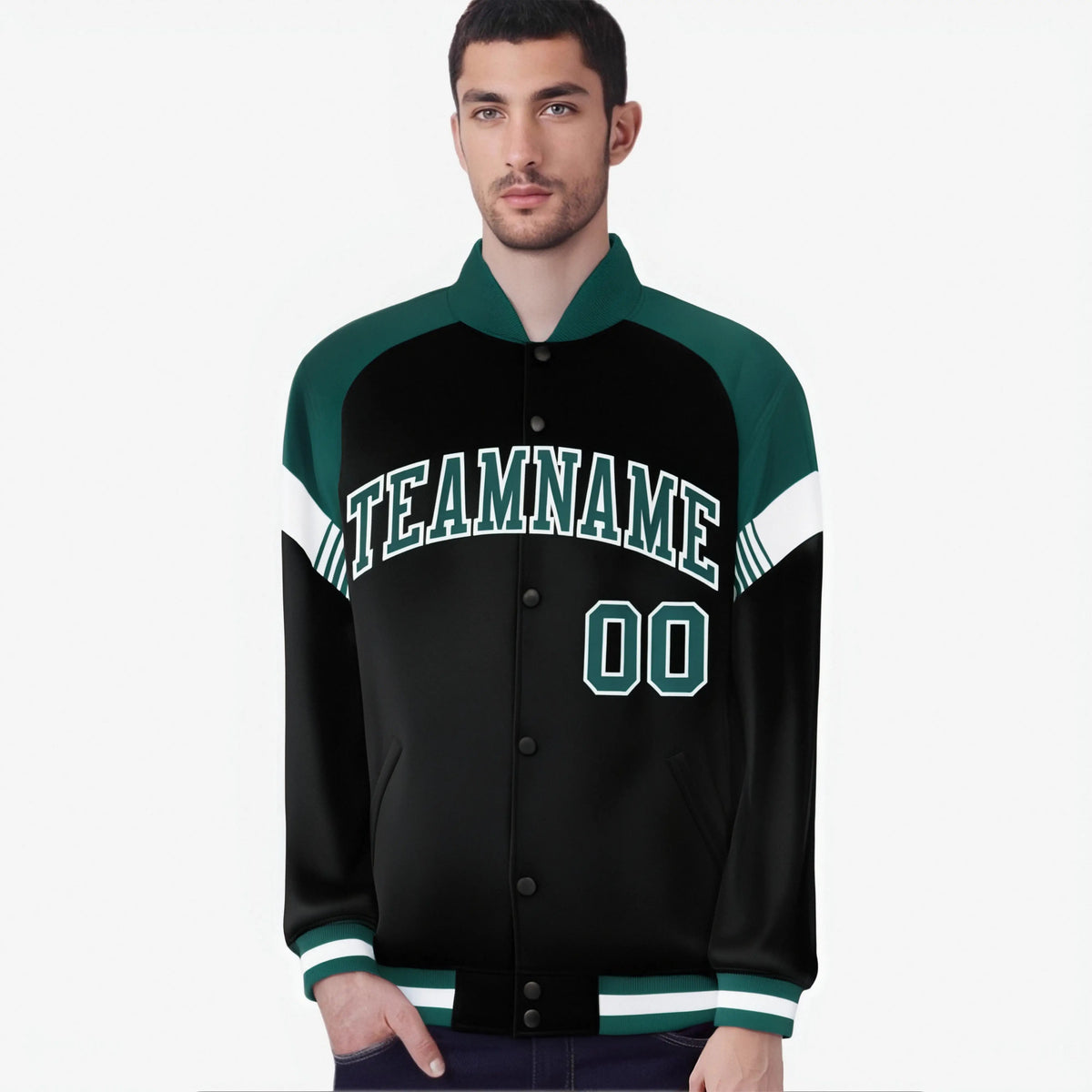 Custom Black Green-White Varsity Full-Snap Color Block Letterman Jacket