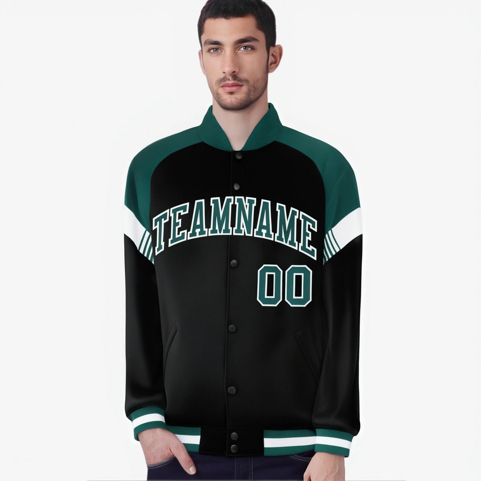 Custom Black Green-White Varsity Full-Snap Color Block Letterman Jacket
