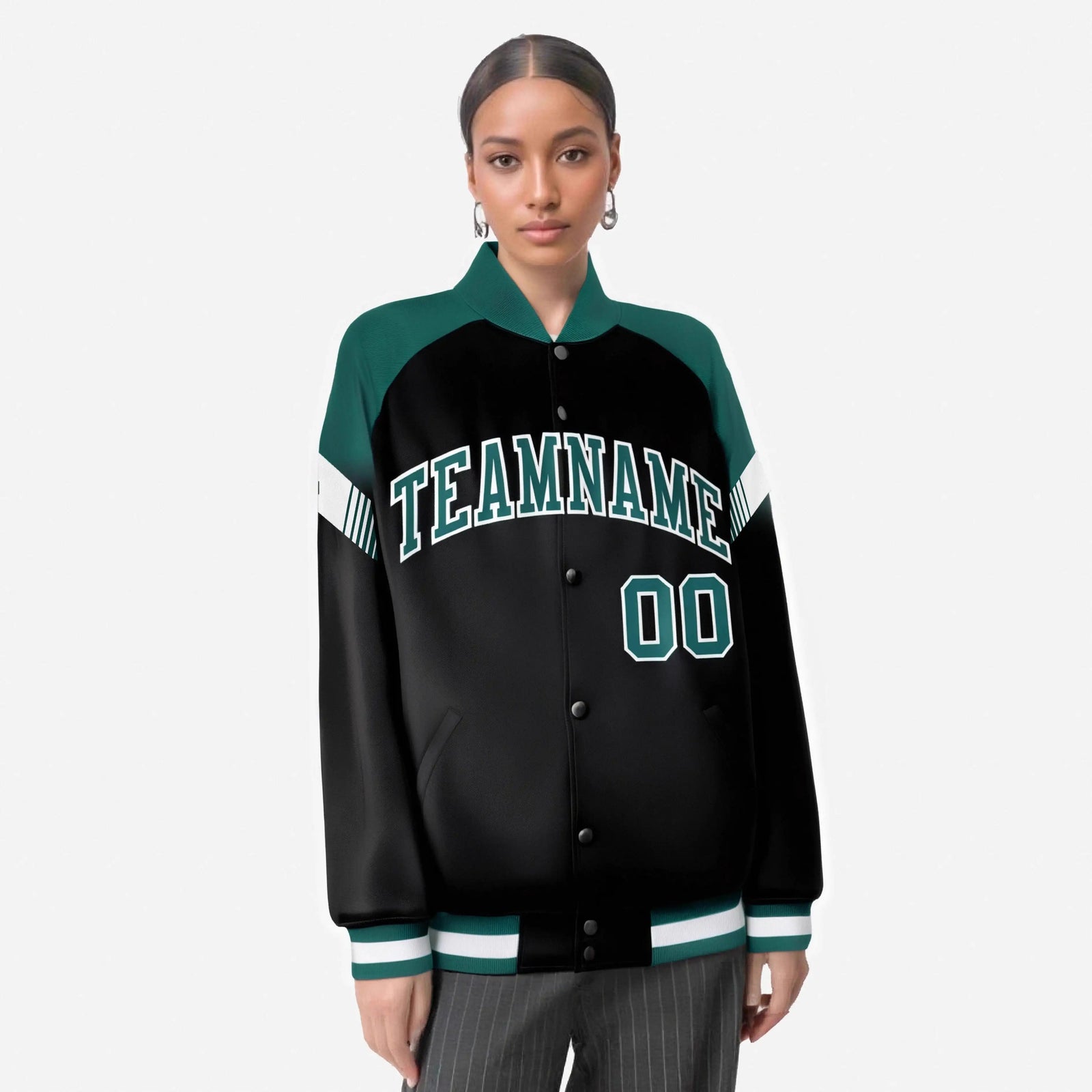 Custom Black Green-White Varsity Full-Snap Color Block Letterman Jacket