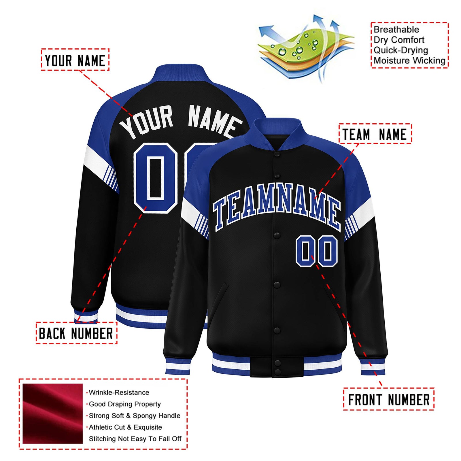 Custom Black Royal Blue-White Varsity Full-Snap Color Block Letterman Jacket