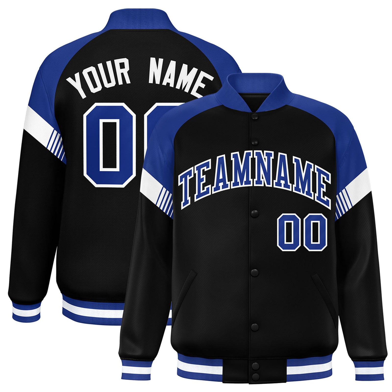 Custom Black Royal Blue-White Varsity Full-Snap Color Block Letterman Jacket