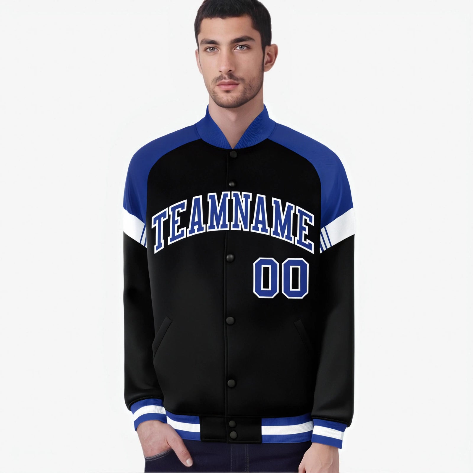 Custom Black Royal Blue-White Varsity Full-Snap Color Block Letterman Jacket