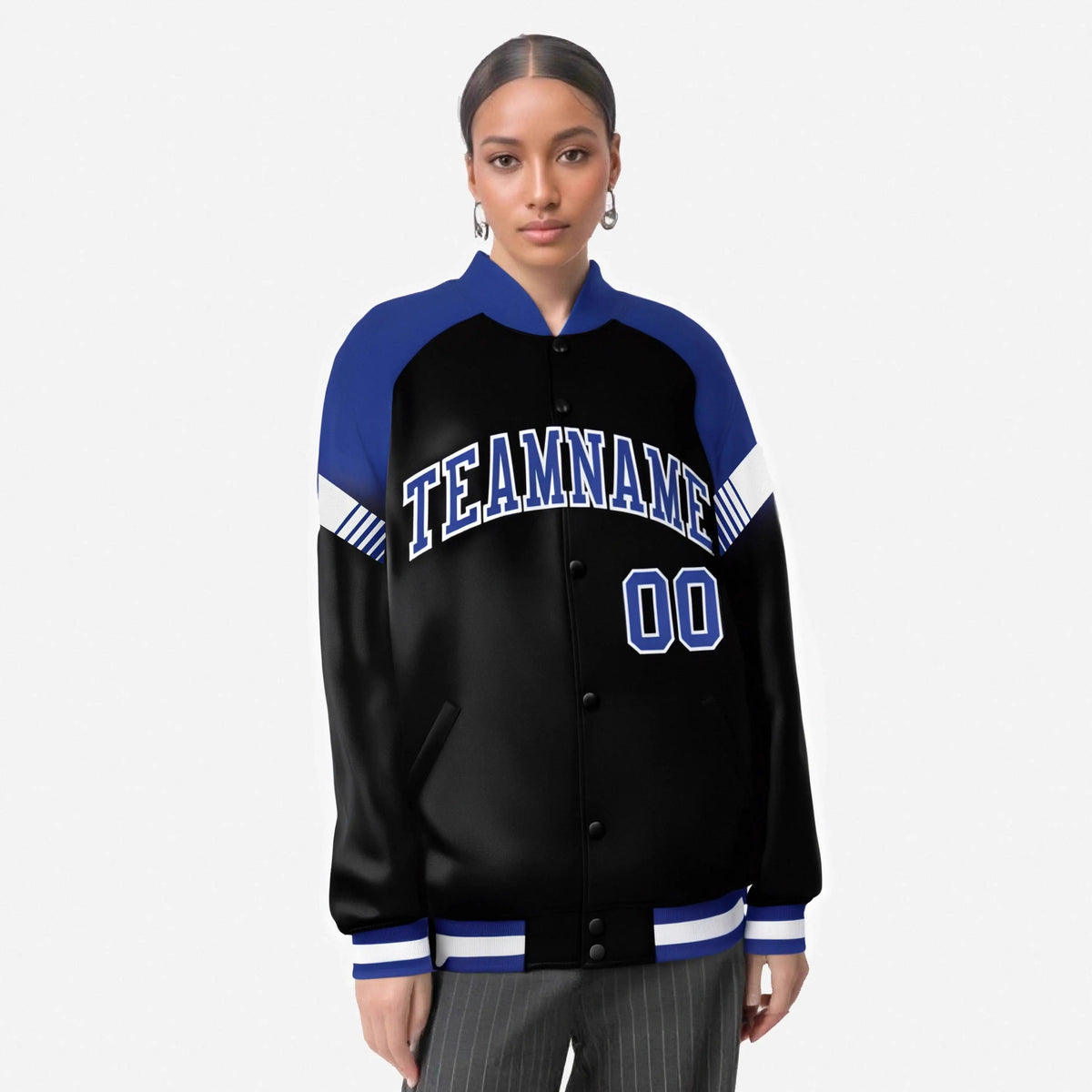 Custom Black Royal Blue-White Varsity Full-Snap Color Block Letterman Jacket