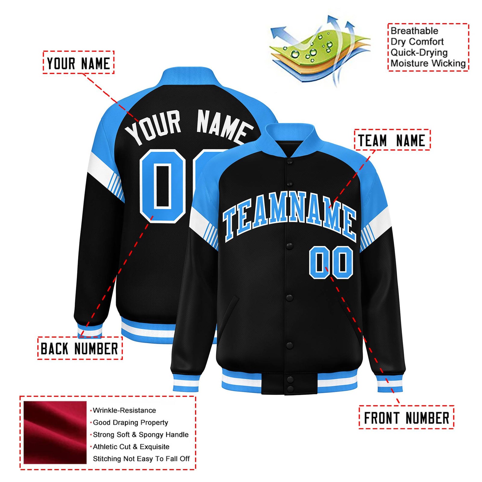 Custom Black Powder Blue-White Varsity Full-Snap Color Block Letterman Jacket