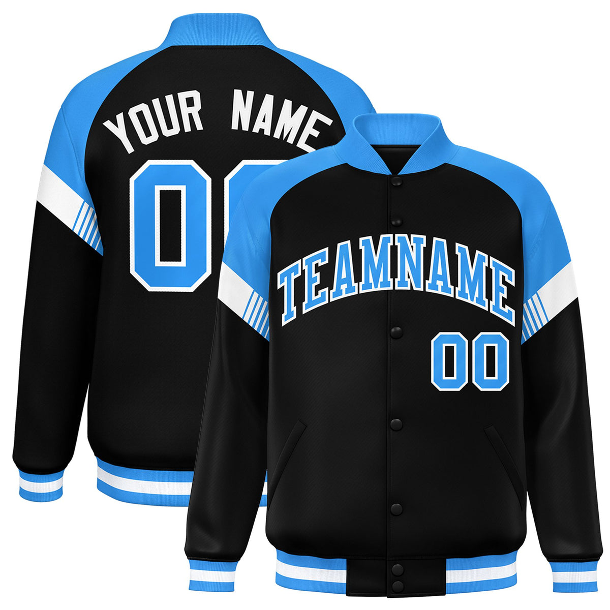 Custom Black Powder Blue-White Varsity Full-Snap Color Block Letterman Jacket