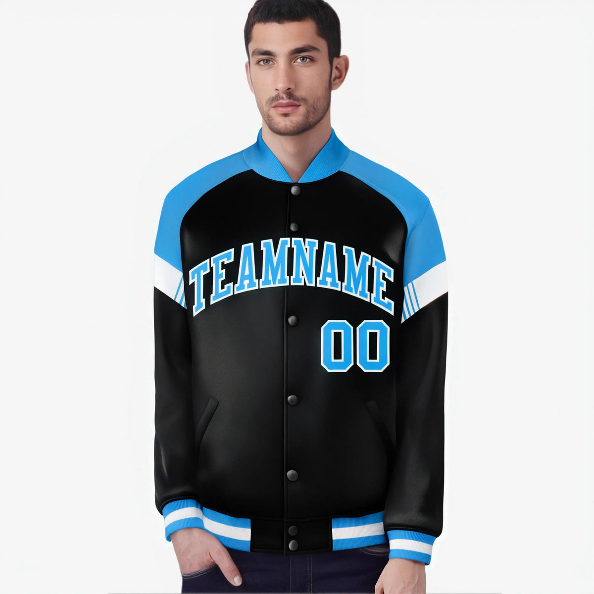 Custom Black Powder Blue-White Varsity Full-Snap Color Block Letterman Jacket