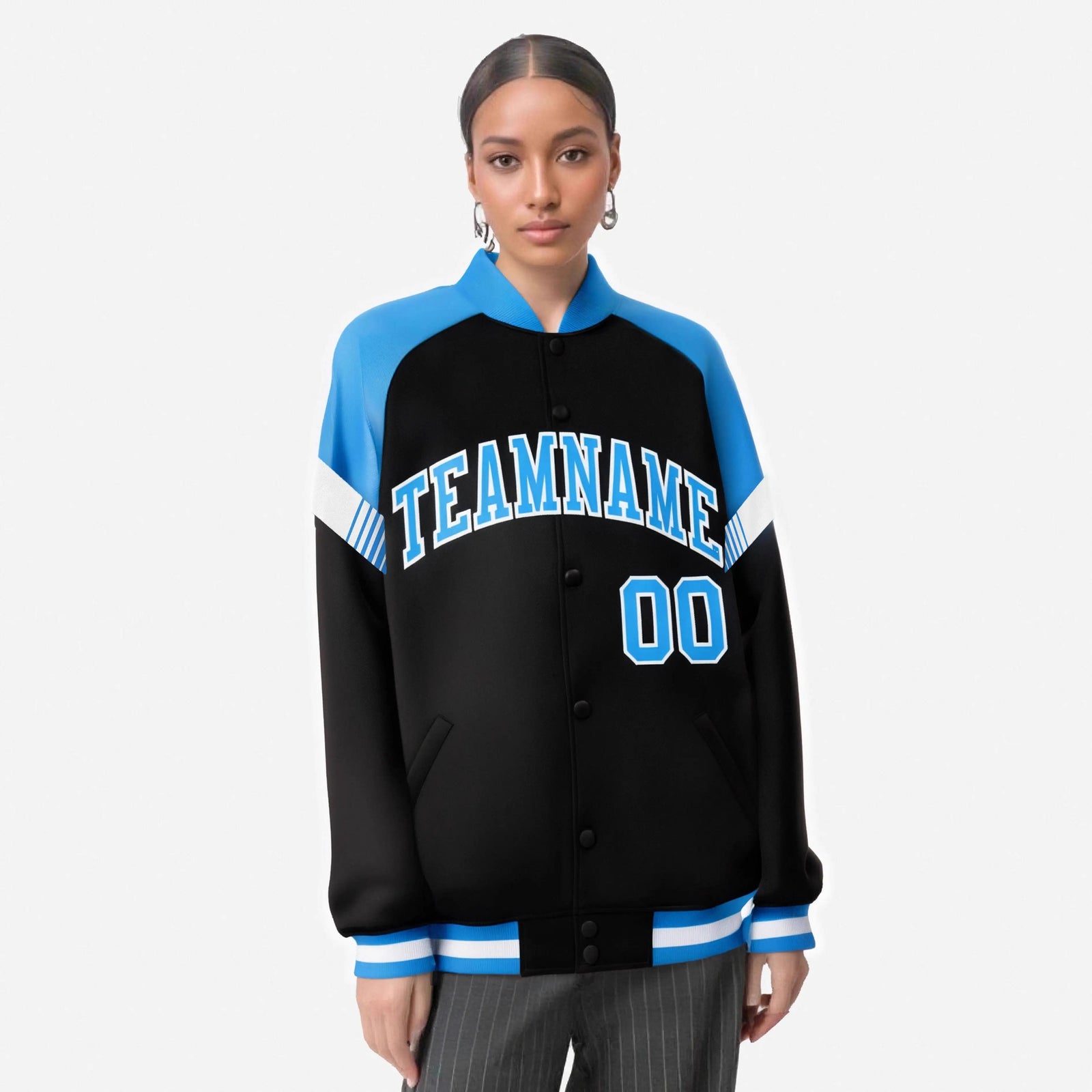 Custom Black Powder Blue-White Varsity Full-Snap Color Block Letterman Jacket