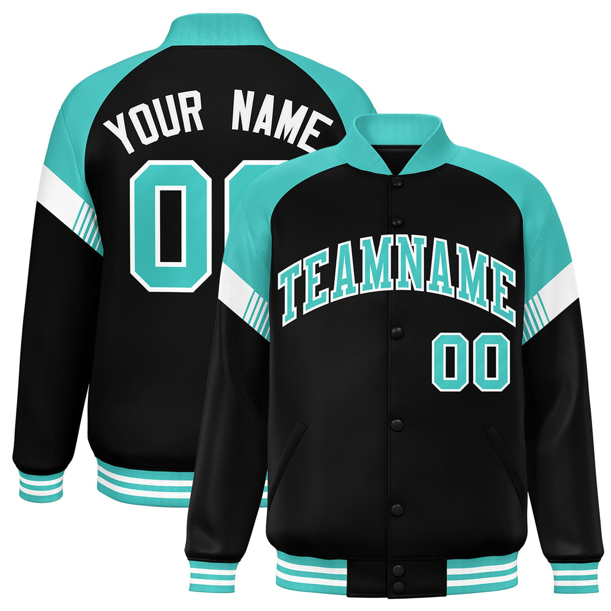 Custom Black Aqua-White Varsity Full-Snap Color Block Letterman Jacket