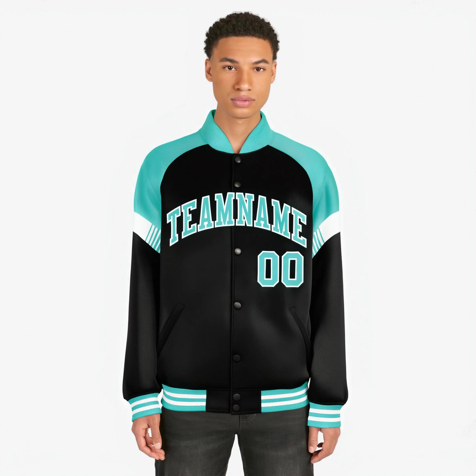 Custom Black Aqua-White Varsity Full-Snap Color Block Letterman Jacket