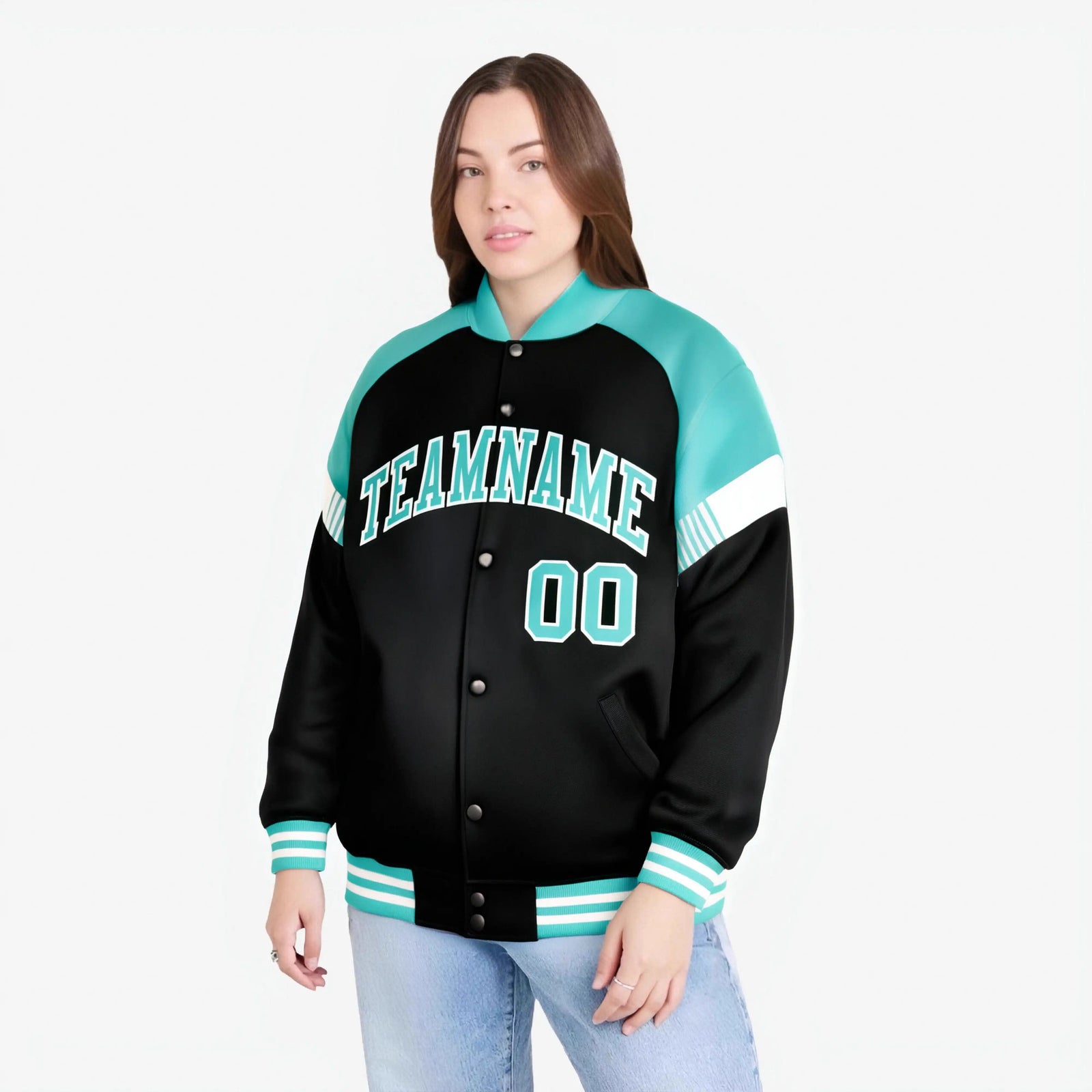 Custom Black Aqua-White Varsity Full-Snap Color Block Letterman Jacket