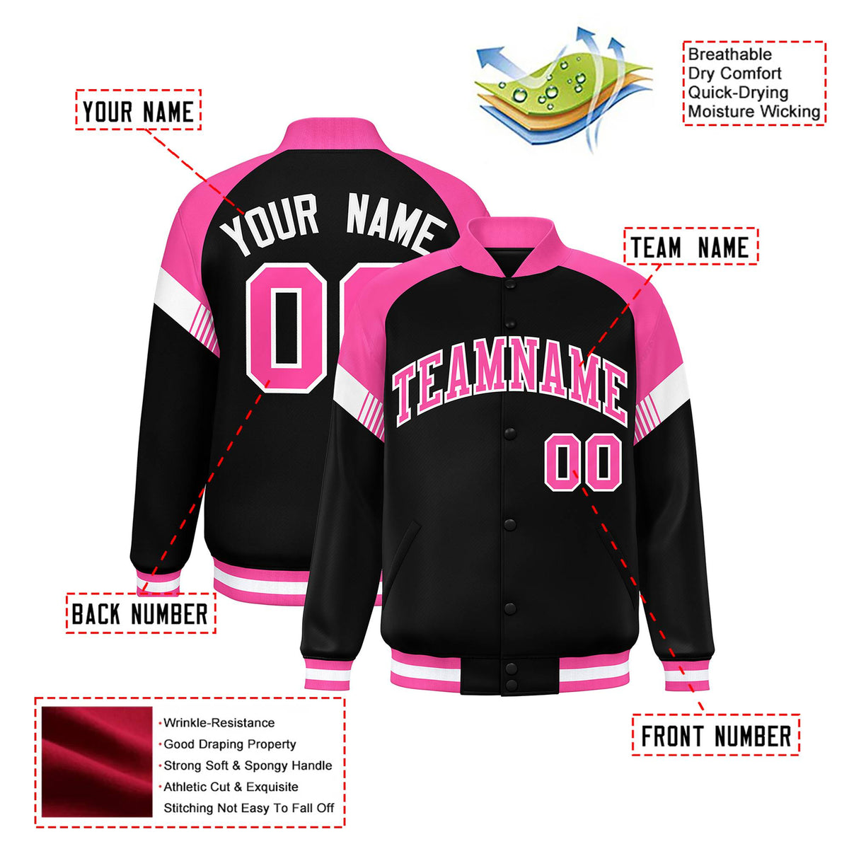 Custom Black Pink-White Varsity Full-Snap Color Block Letterman Jacket