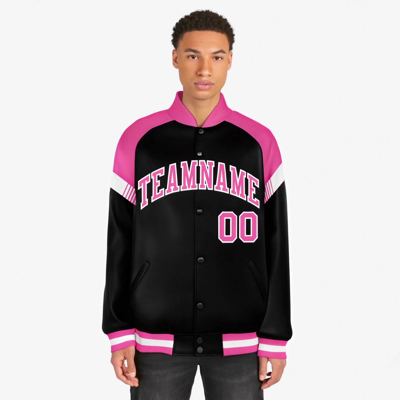 Custom Black Pink-White Varsity Full-Snap Color Block Letterman Jacket