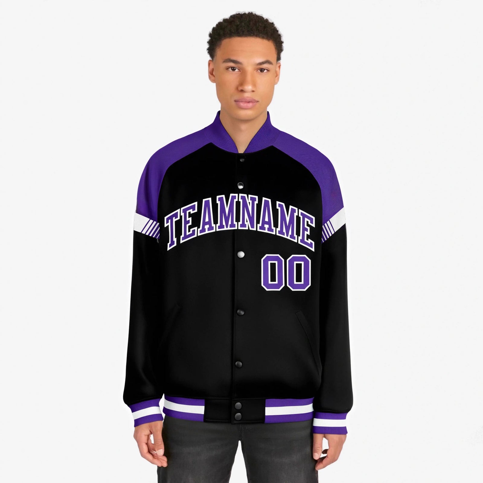 Custom Black Purple-White Varsity Full-Snap Color Block Letterman Jacket