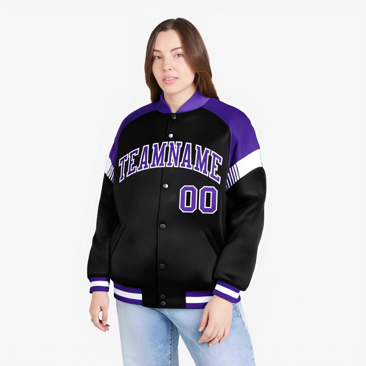 Custom Black Purple-White Varsity Full-Snap Color Block Letterman Jacket