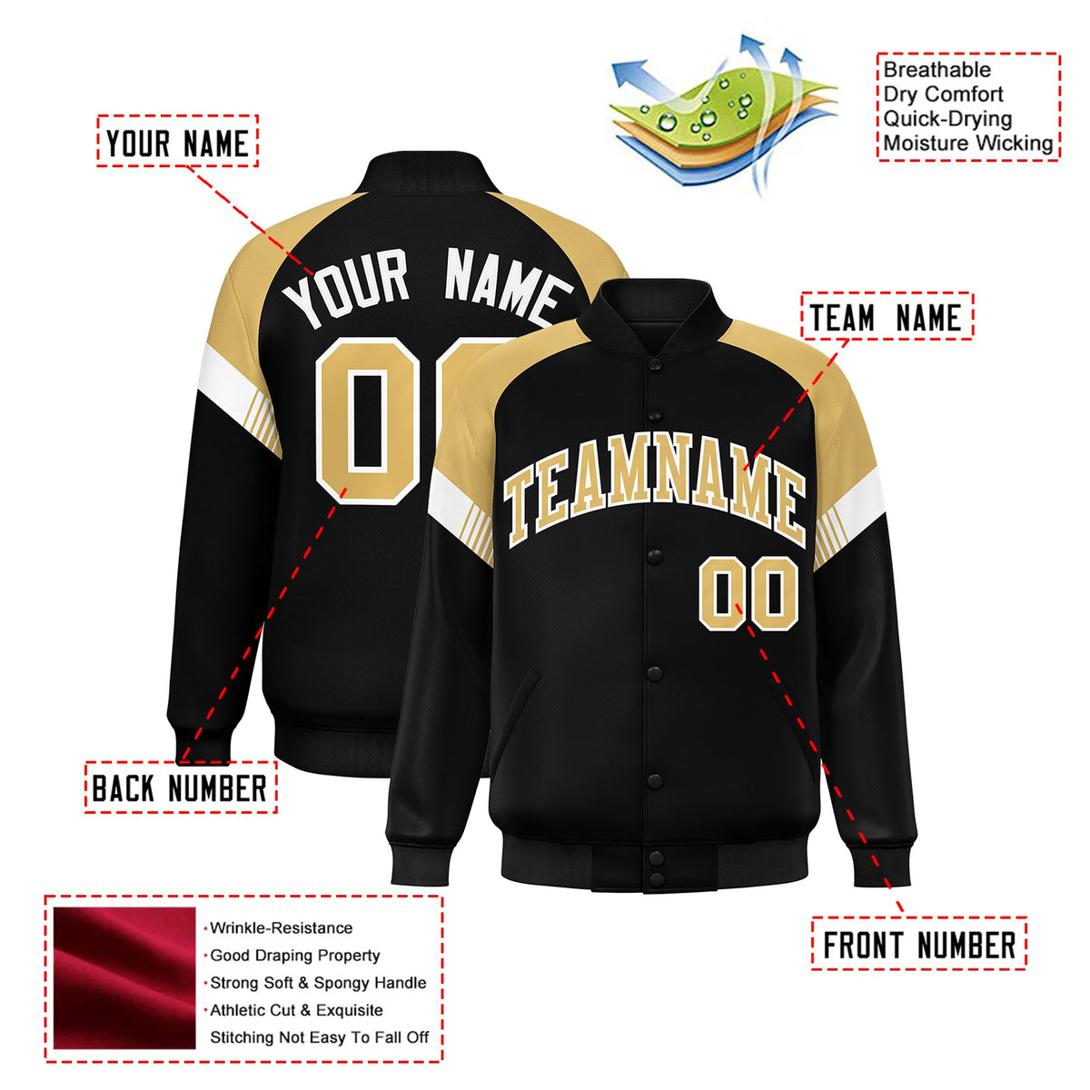 Custom Black Old Gold-White Varsity Full-Snap Color Block Letterman Jacket