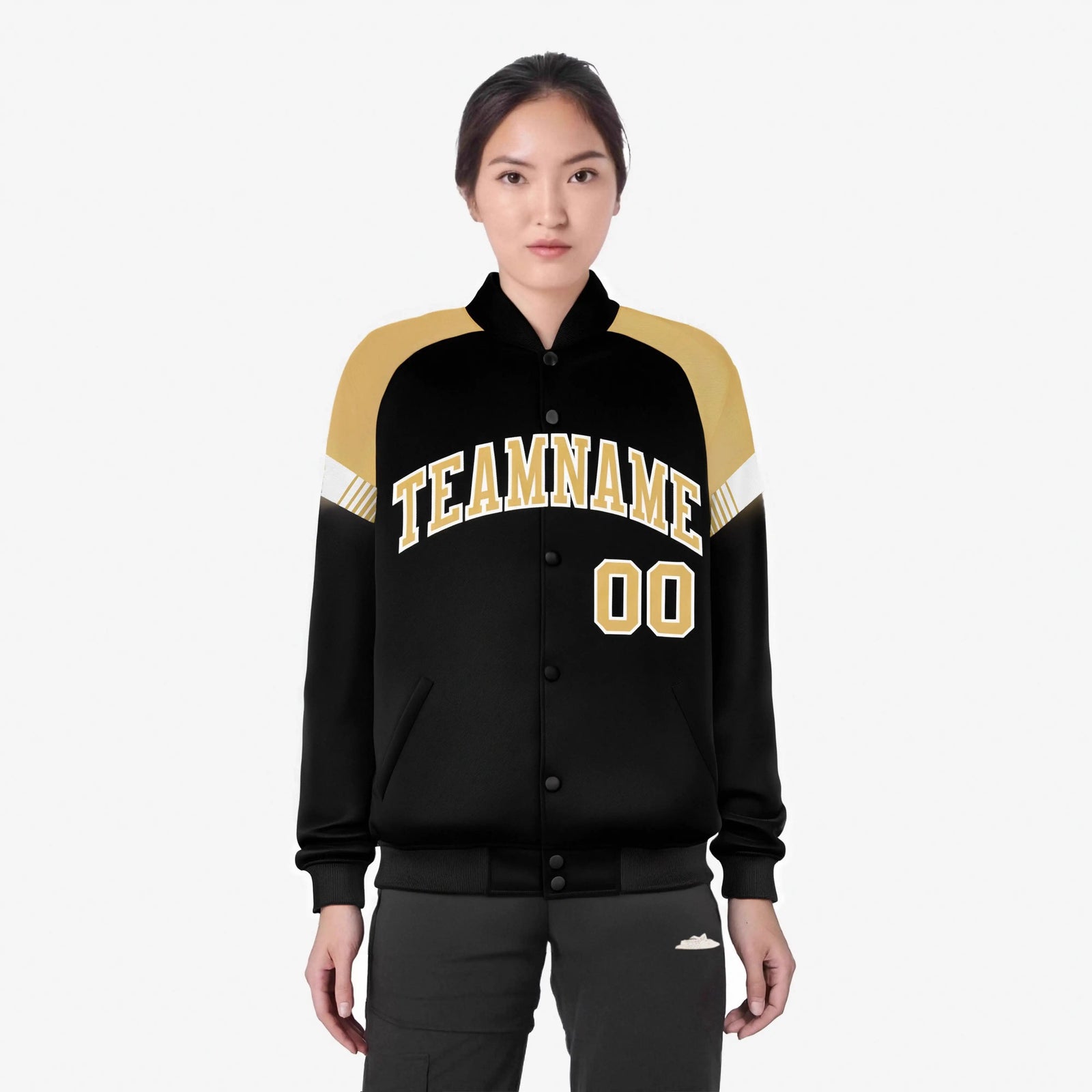 Custom Black Old Gold-White Varsity Full-Snap Color Block Letterman Jacket
