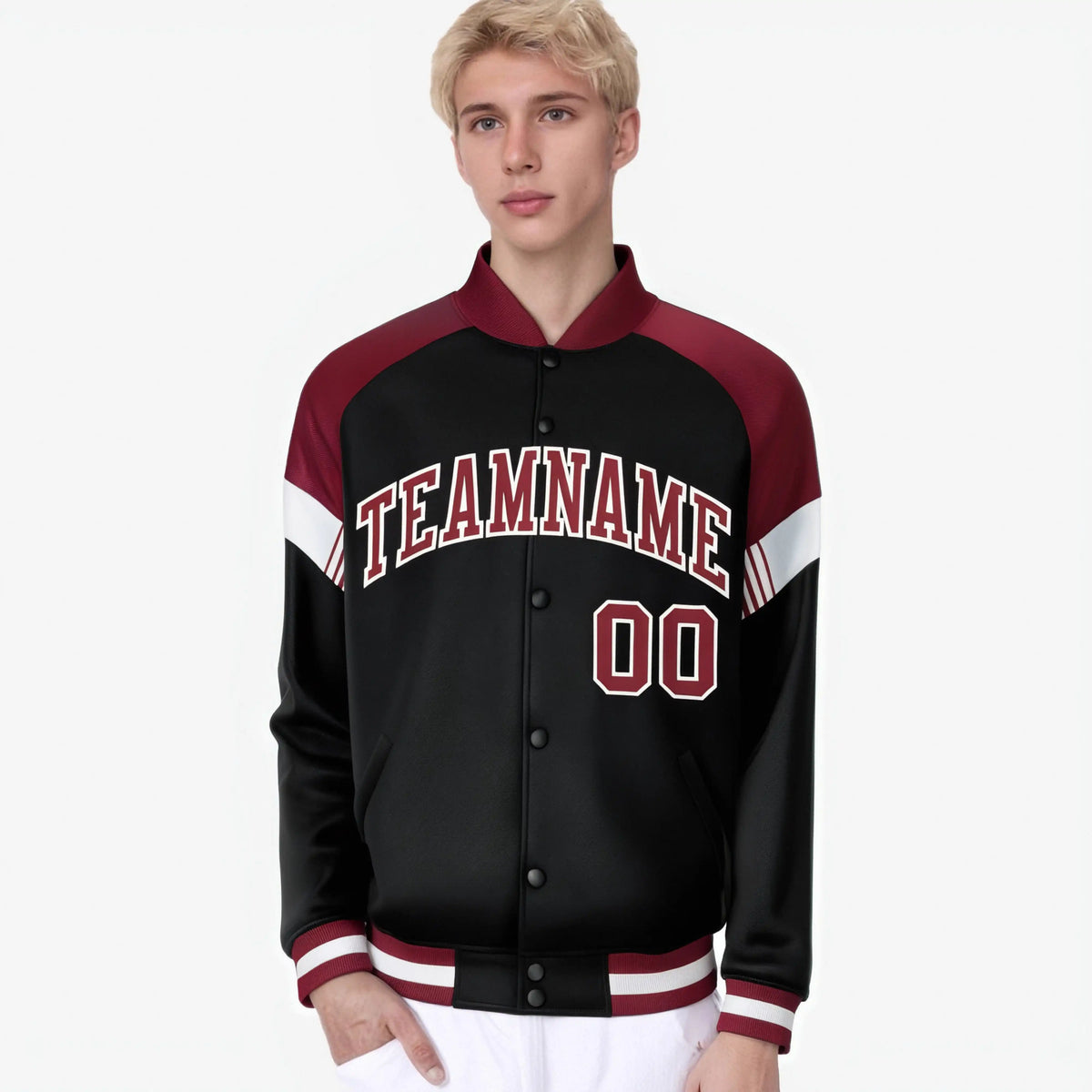 Custom Black Crimson-White Varsity Full-Snap Color Block Letterman Jacket