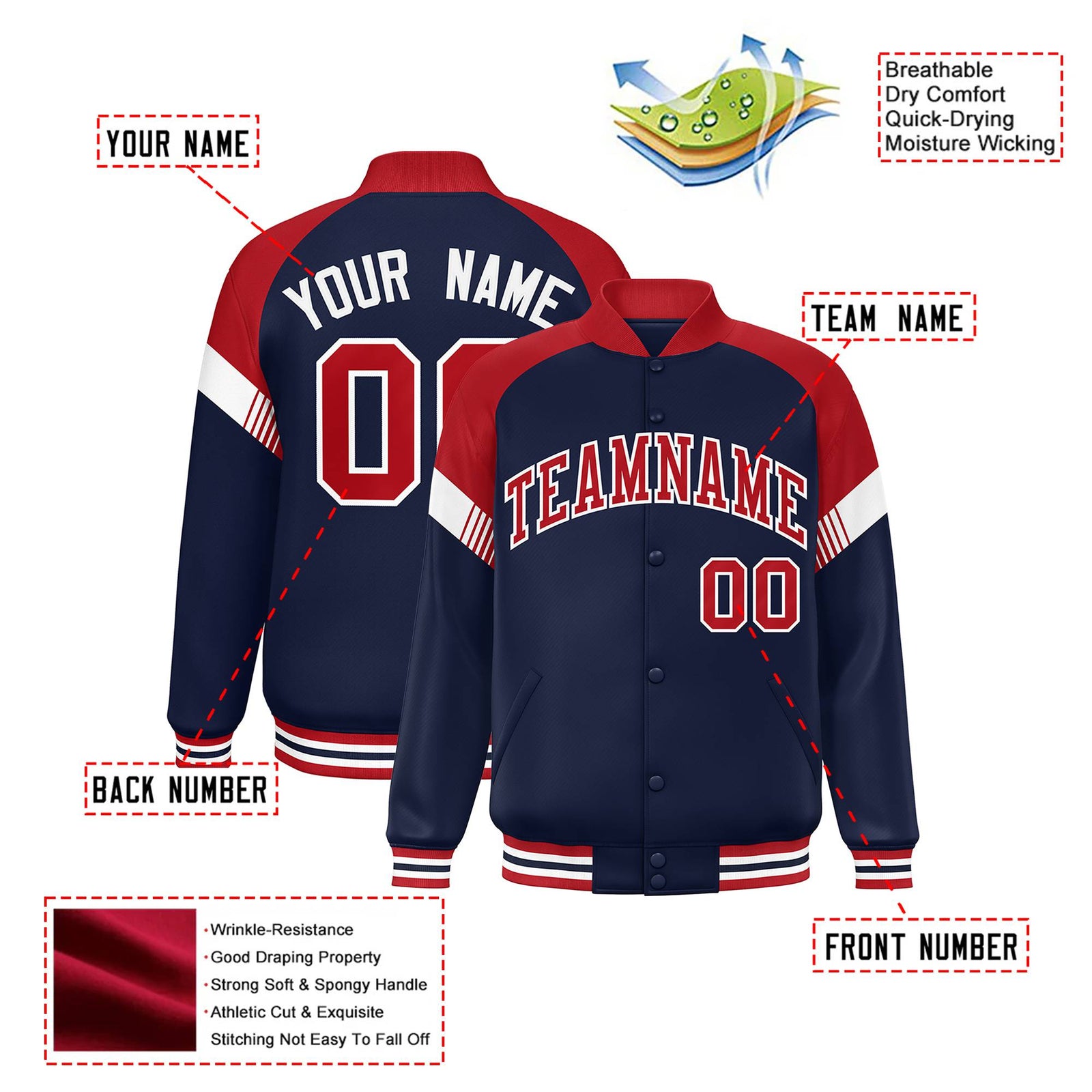 Custom Navy Red-White Varsity Full-Snap Color Block Letterman Jacket