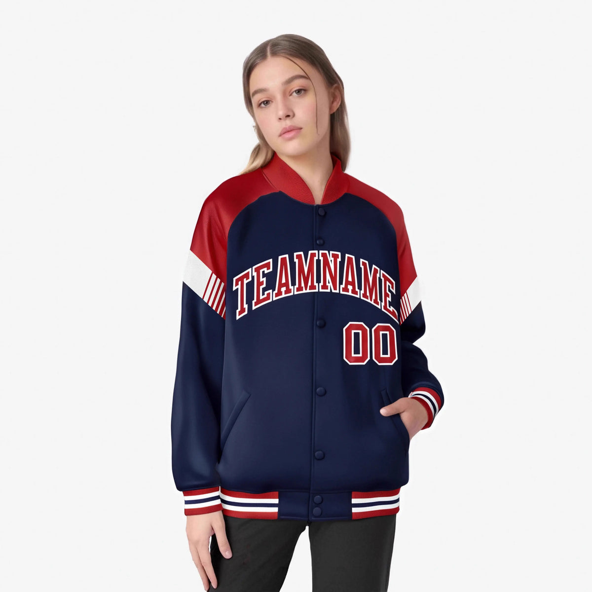 Custom Navy Red-White Varsity Full-Snap Color Block Letterman Jacket