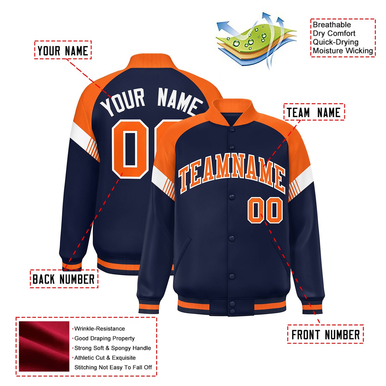 Custom Navy Orange-White Varsity Full-Snap Color Block Letterman Jacket
