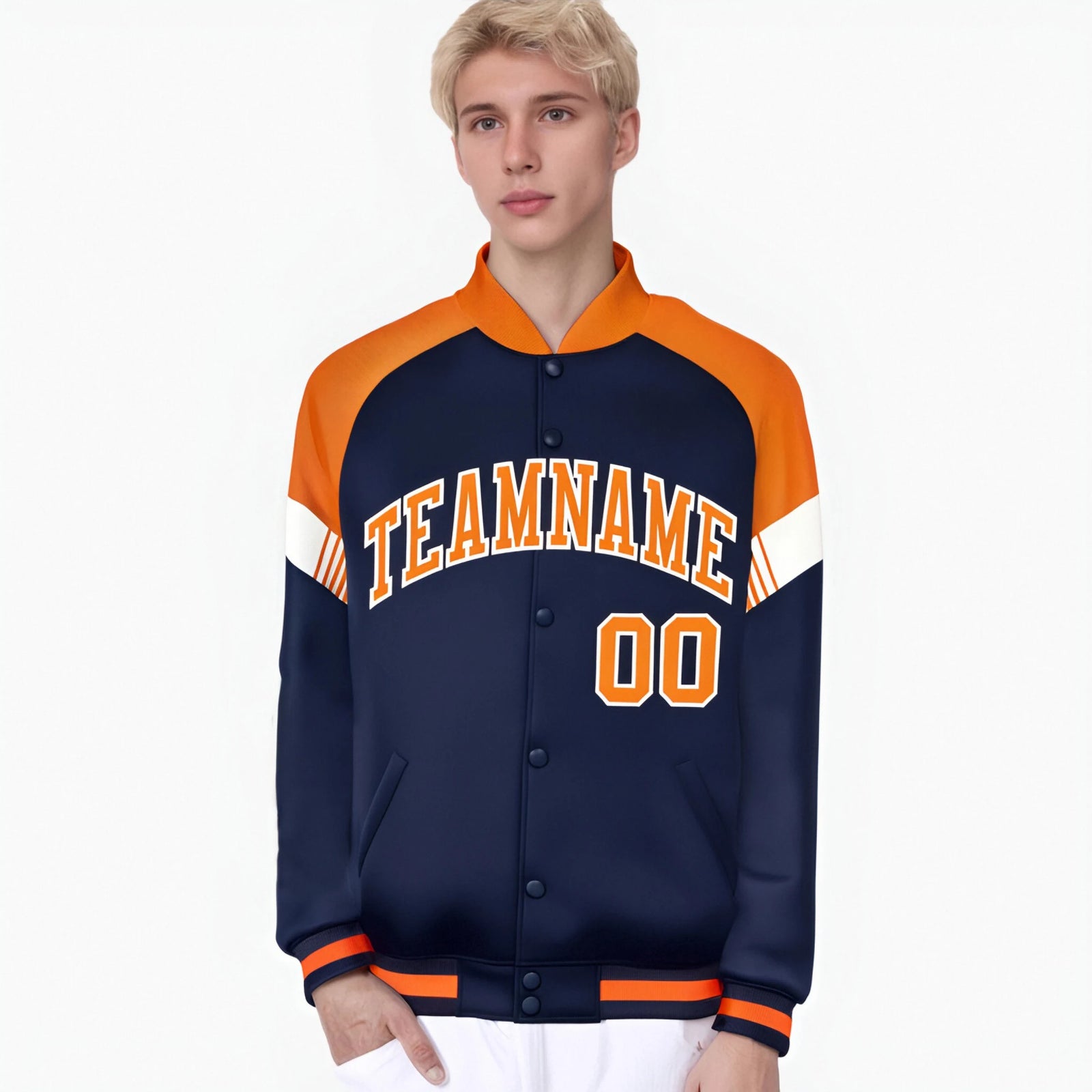 Custom Navy Orange-White Varsity Full-Snap Color Block Letterman Jacket