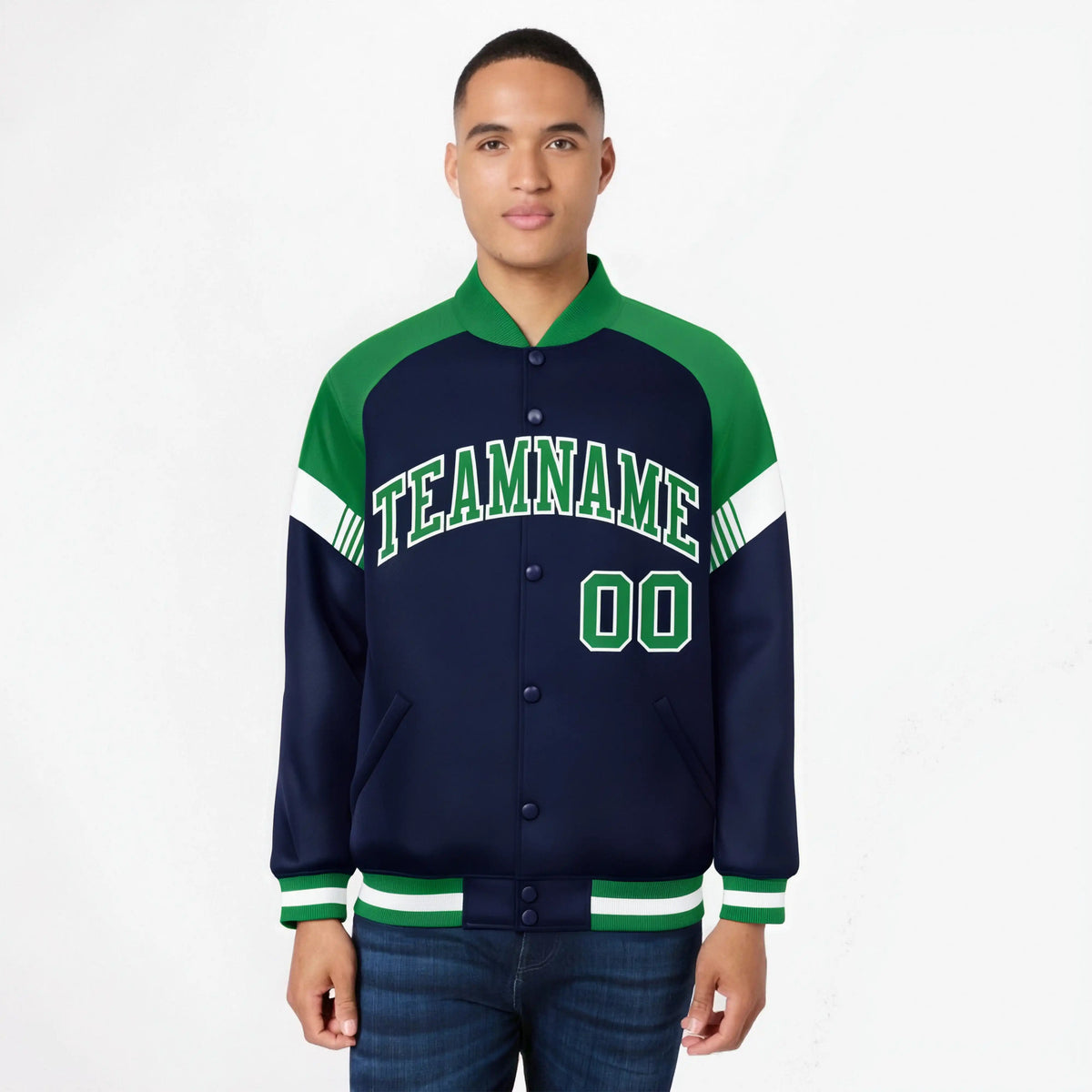 Custom Navy Kelly Green-White Varsity Full-Snap Color Block Letterman Jacket
