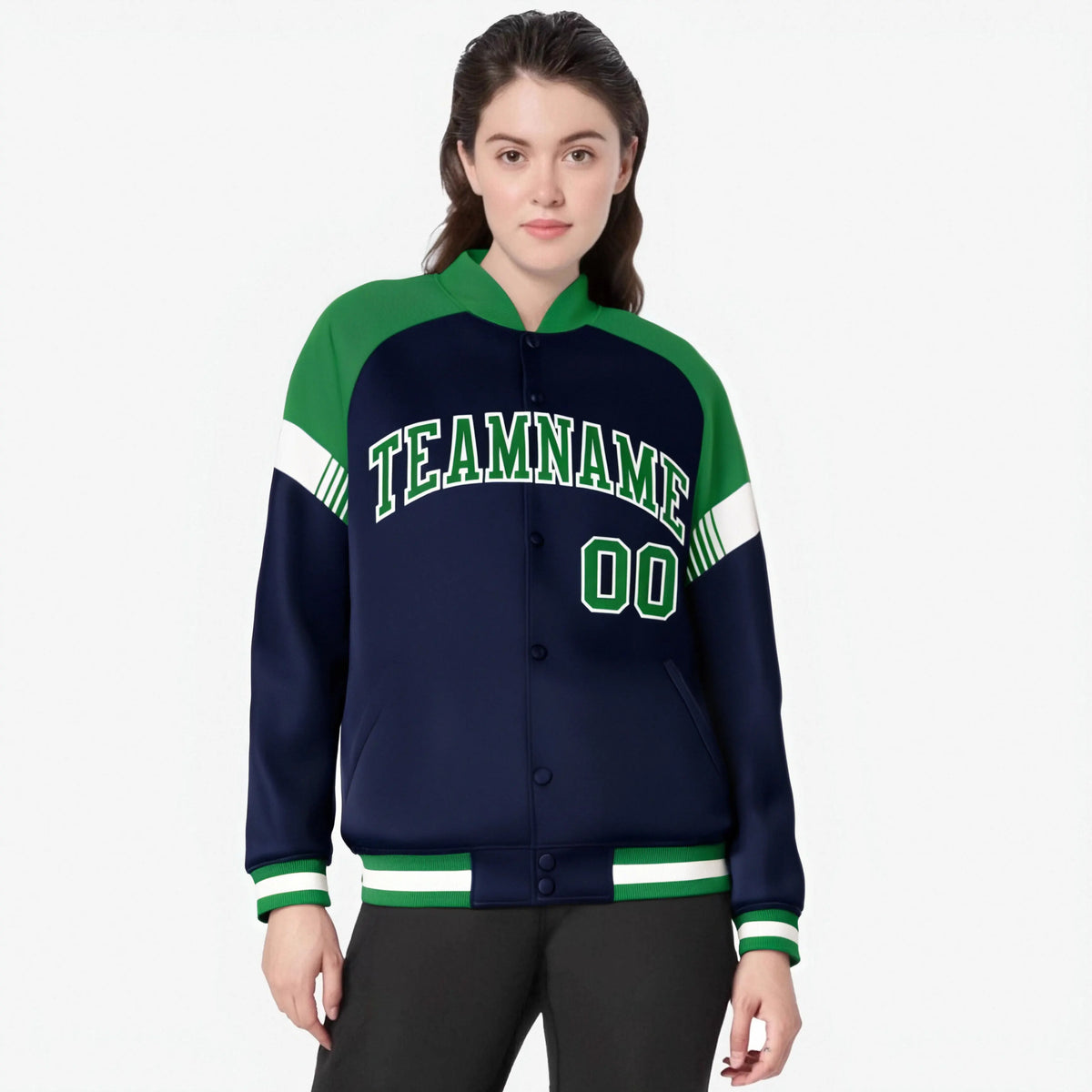 Custom Navy Kelly Green-White Varsity Full-Snap Color Block Letterman Jacket