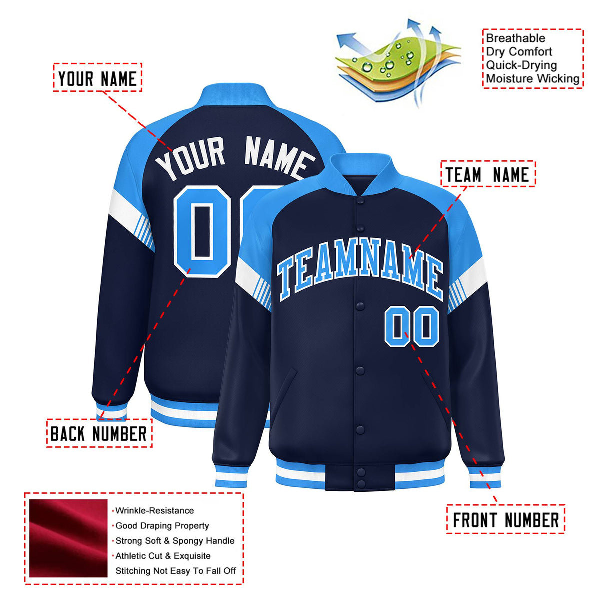 Custom Navy Powder Blue-White Varsity Full-Snap Color Block Letterman Jacket