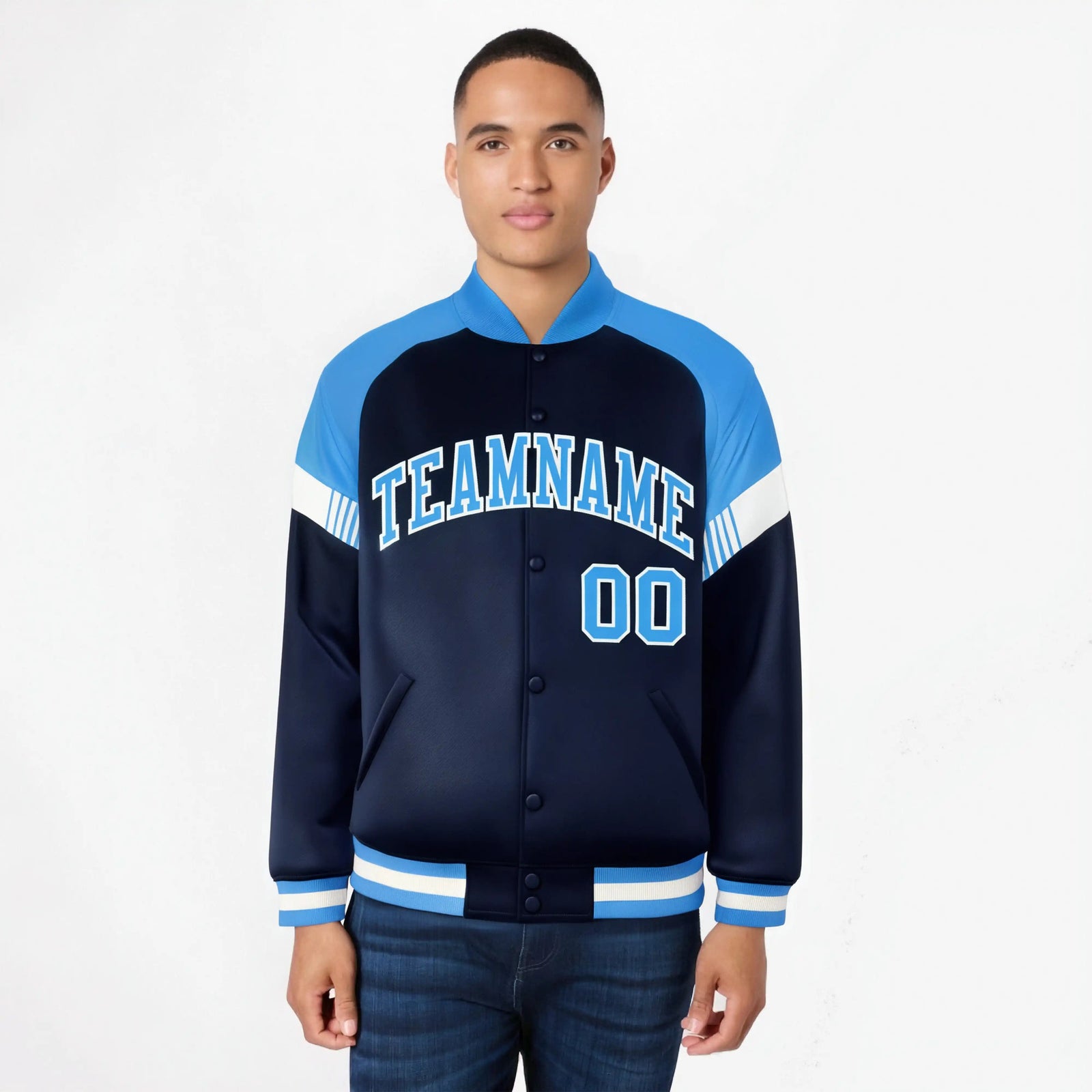 Custom Navy Powder Blue-White Varsity Full-Snap Color Block Letterman Jacket