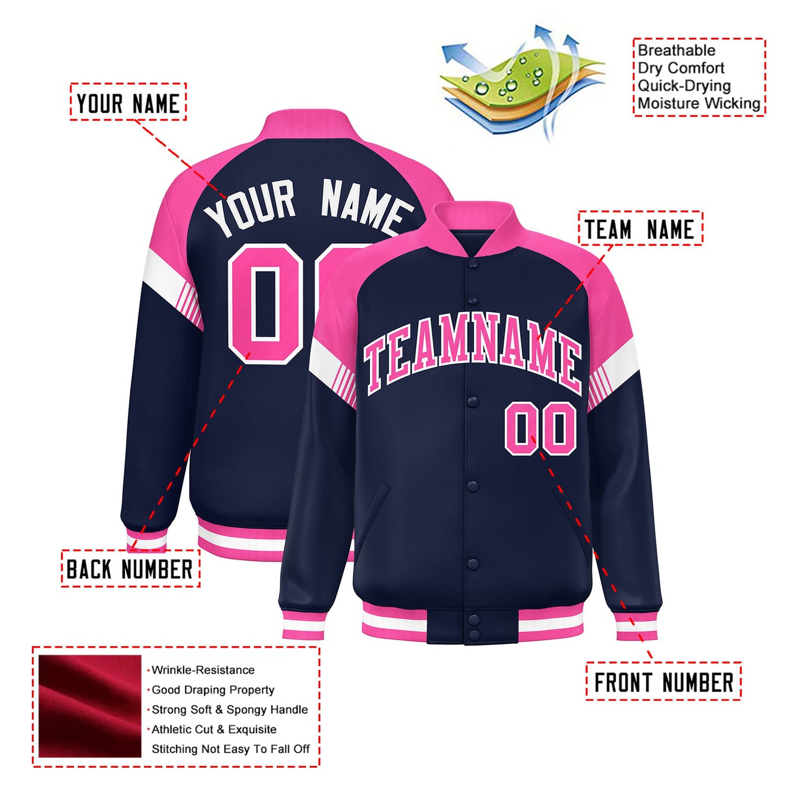 Custom Navy Pink-White Varsity Full-Snap Color Block Letterman Jacket