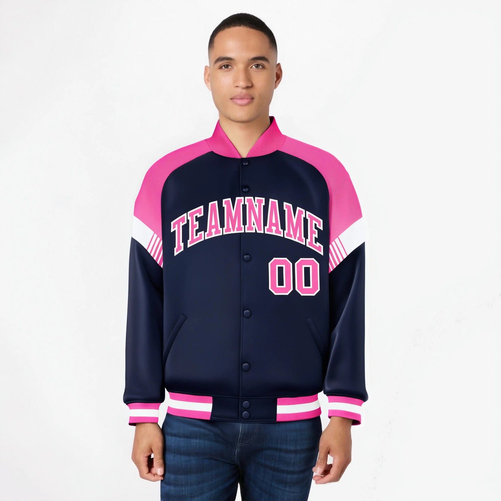 Custom Navy Pink-White Varsity Full-Snap Color Block Letterman Jacket