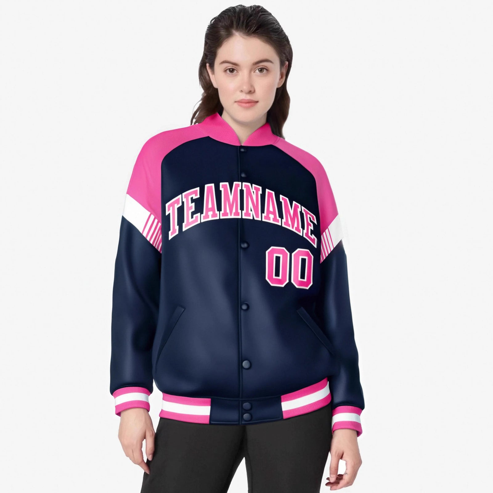 Custom Navy Pink-White Varsity Full-Snap Color Block Letterman Jacket