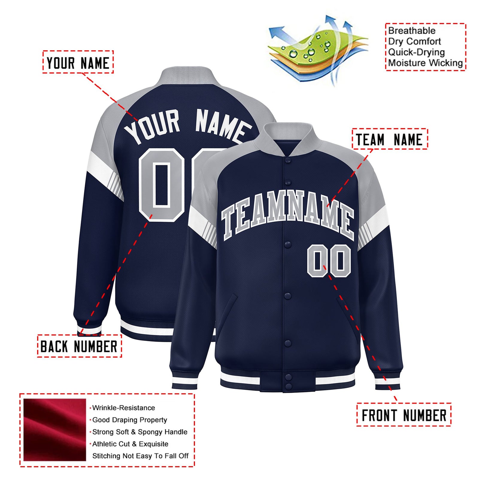 Custom Navy Gray-White Varsity Full-Snap Color Block Letterman Jacket