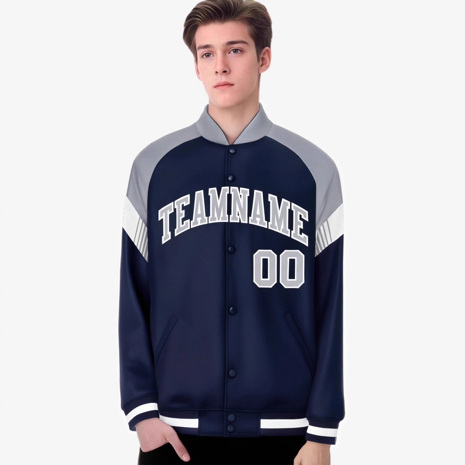 Custom Navy Gray-White Varsity Full-Snap Color Block Letterman Jacket